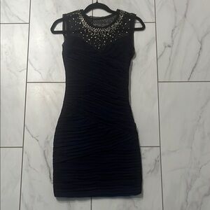 BCBGMaxAzria Navy Silver Ribbed Embellished Mini Dress